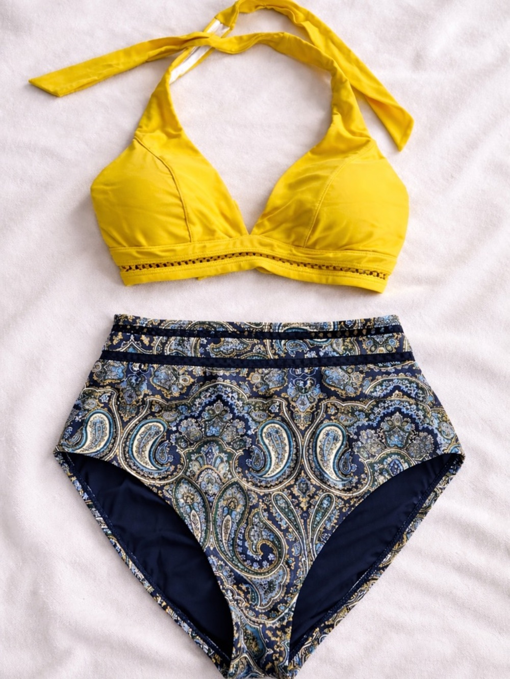 Women High Waisted Bikini Set Navy Paisley Mustard Halter Top Size Medium